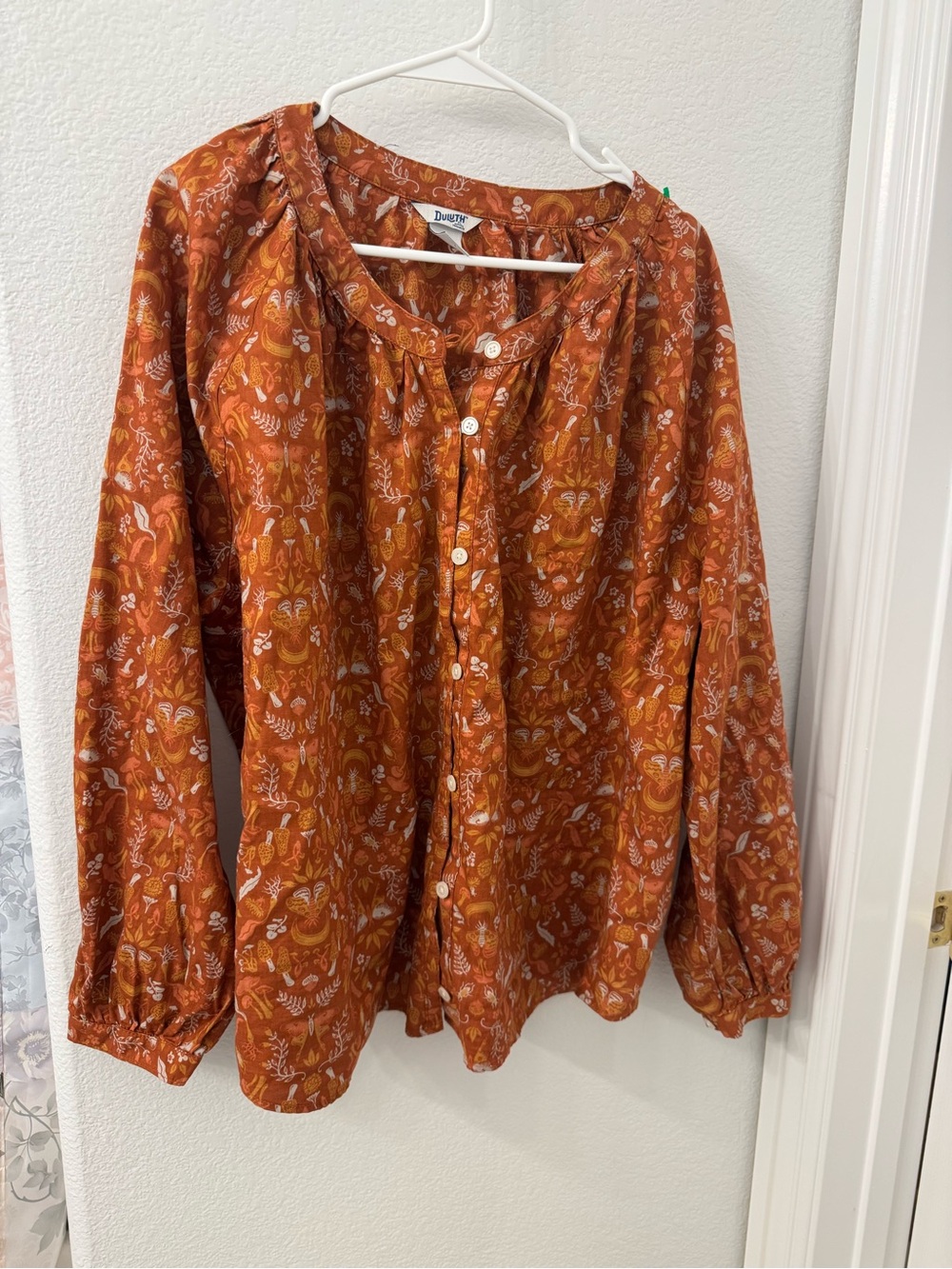 Duluth Trading Co Rust Button-Down Blouse xxl mushrooms butterfly